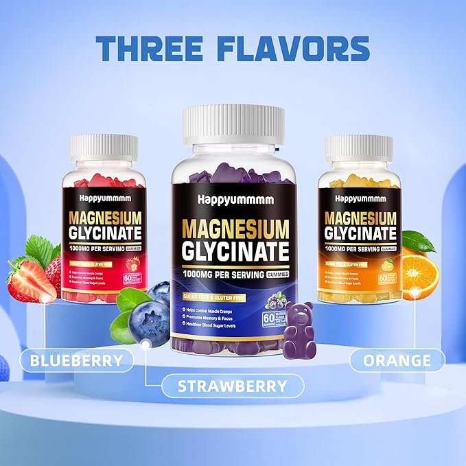 Magnesium Glycinate Gummies 1000mg - Sugar Free Magnesium Potassium Supplement with Vitamin D, B6, CoQ10 for Calm Mood & Sleep Support - 60 Blueberry Gummies
