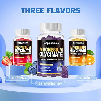 Magnesium Glycinate Gummies 1000mg - Sugar Free Magnesium Potassium Supplement with Vitamin D, B6, CoQ10 for Calm Mood & Sleep Support - 60 Blueberry Gummies