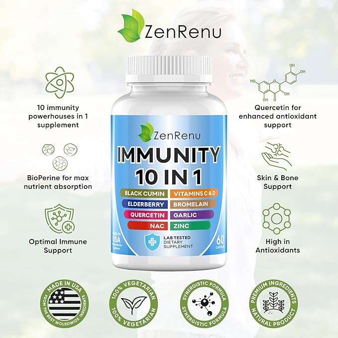 Zenrenu Immune Boosting for Adults - 10 in 1 Immunity Support Supplement with Quercetin, Bromelain, NAC, Elderberry, Vitamin C & D3 for Immune Defense & Antioxidant - Easy to Absorb Capsules