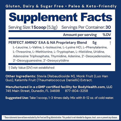 BodyHealth PerfectAmino Powder - BCAA and EAA Powder for Pre and Post Workout - Amino Acid Energy Drink for Men and Women to Support Lean Muscle and Recovery - Unflavored - 30 Servings
