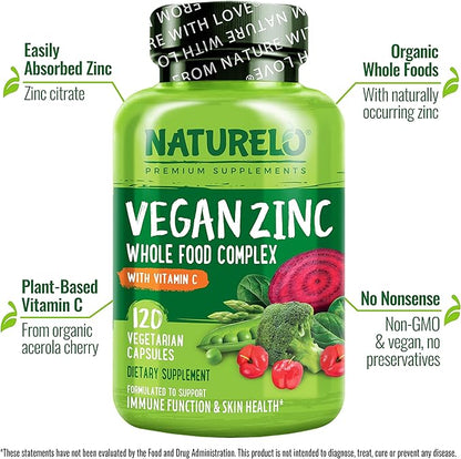 NATURELO Vegan Zinc Immune Support Capsules - Whole Food Complex with Vitamin C for Healthy Skin, Hair, and Nails - 120 Capsules (Pack of 2)