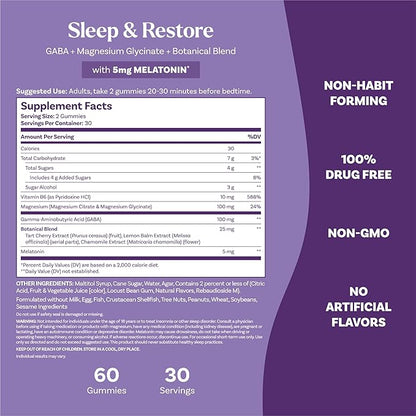 Natrol Sleep + Restore Magnesium Glycinate Gummies with Melatonin 5mg - Calm Magnesium with GABA, Botanical Blend, Cherry Flavor, 60 Gummies