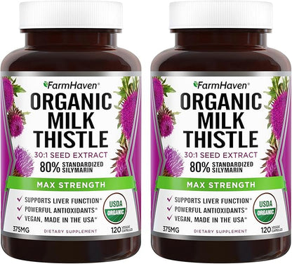 FarmHaven USDA Organic Milk Thistle Capsules | 30X Concentrated Seed Extract & 80% Silymarin Standardized - Supports Liver Function and Overall Health | Non-GMO | 240 Veggie Capsules