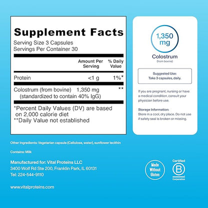 Vital Proteins Collagen Capsules Supplement (Type I, III) 360 Pills and Bovine Colostrum Supplement 90 Capsules