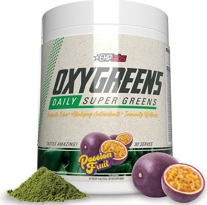 EHP Labs OxyGreens Super Greens Powder - Spirulina & Chlorella Superfood, Green Juice Powder & Greens Supplements with Prebiotic Fibre, Antioxidants & Immunity Support, 30 Serves (Passionfruit)