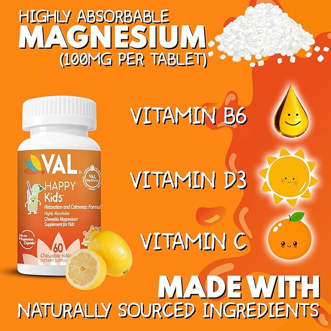 VAL Magnesium for Kids | High-Absorption Magnesium for Calm, Relaxation & Focus | Mg Glycinate, Citrate & Taurate | with Vitamin B6, D & C | Sugar-Free, Non-GMO | Lemonade | 60 Chewable Tablets