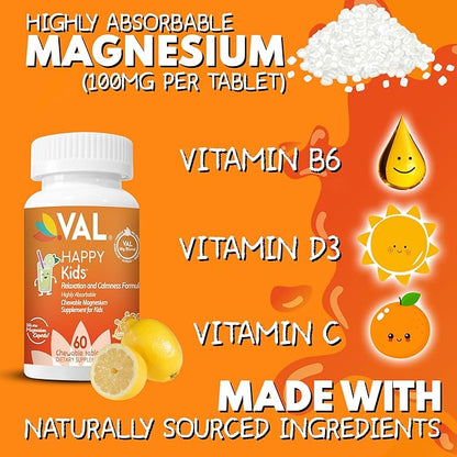 VAL Magnesium for Kids | High-Absorption Magnesium for Calm, Relaxation & Focus | Mg Glycinate, Citrate & Taurate | with Vitamin B6, D & C | Sugar-Free, Non-GMO | Lemonade | 60 Chewable Tablets