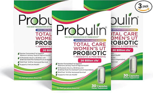 Probulin Total Care Women's Urinary Tract = Prebiotics + Probiotics + Postbiotics to Support Healthy Vaginal Microbiome - 20 Billion CFU - 12 Strains - 30 Vegan Caps (Pack of 3)