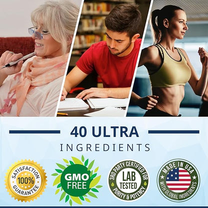 40-in-1 Brain Booster Supplement for Focus, Memory, Clarity, Energy | Advanced Vitamins Plus eBook | for Men & Women, Cognitive Function Nootropic Support with DMAE, Mind Health Formula | 60 Capsules