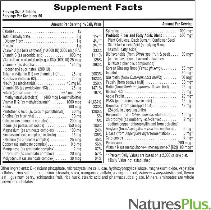 NaturesPlus Source of Life No Iron - 180 Tablets - Multi-Vitamin & Mineral Supplement - Supports Natural Energy & Overall Well-Being - Gluten Free, Vegetarian - 60 Servings