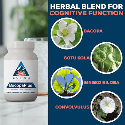 Ayush Herbs BacopaPlus - Bacopa Supplements, Organic Bacopa for Memory & Focus, Cognitive Support Pill for Adults with Ginkgo, Gotu Kola, Ashwagandha - 90 Vegetarian Capsules (1 Count)