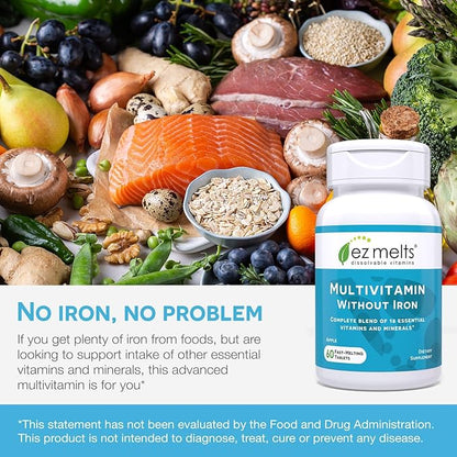 EZ Melts Dissolvable Multivitamin Without Iron, 18 Vitamins & Minerals Including Vitamin A, Biotin, Vitamin B12, Vitamin C, Vitamin D3, Zinc and More, Sugar-Free, 1-Month Supply