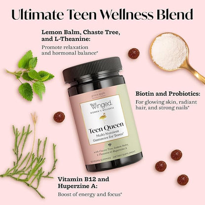 Winged Wellness Multivitamin Gummies for Teen Girls - Teen Vitamins for Mood & Hormonal Health - Vegan Gummy Supplement with Chaste Tree, Lemon Balm, L-Theanine, Probiotics & Biotin - 50 Gummies