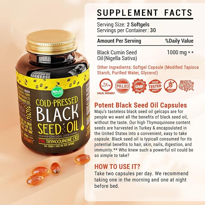Maju Superfoods Black Seed Oil Capsules - Cold Pressed, 2% Thymoquinone, 100% Turkish Black Cumin Nigella Sativa Seed Oil, Liquid Pure Blackseed 60 Count, 500mg per Capsule