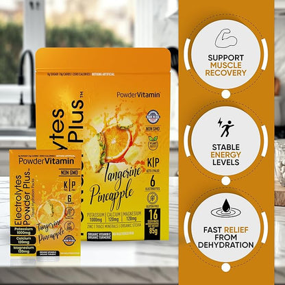 Electrolytes Powder Plus, Keto, Tangerine Pineapple, Sugar Free, Pink Himalayan Salt, 1000mg Potassium, 120mg Calcium, 120mg Magnesium, Non-GMO, Zero Calories, (16 Hydration Packets)