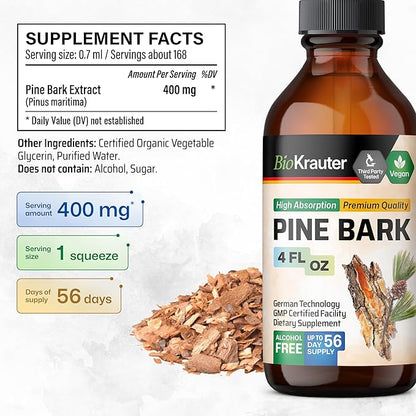 BIO KRAUTER Pine Bark Extract - Rich in Antioxidants Liquid Supplement - 400 mg French Maritime Pine Bark Extract Drops - Vegan, Alcohol & Sugar Free - 4 Fl Oz
