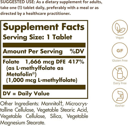 Solgar Folate 1000 mcg, 120 Tablets - 1000 mcg Bio-active Metafolin - Heart Health - Vegan, Gluten Free, Dairy Free, Kosher - 120 Servings