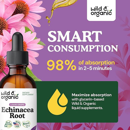 Wild & Organic Echinacea Tincture - Immune Support Drops with Liquid Echinacea Root Extract - Angustifolia Supplements - Vegan, Sugar & Alcohol-Free - 2 fl oz