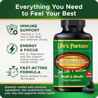 Life's Fortune Multivitamin All Natural Energy Source Supplying Whole Food Concentrates, Antioxidants, Amino Acids, Enzymes, Trace Minerals & More (90 Count (Pack of 1))