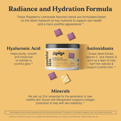 Chewsy Youthful Skin, Fruity Chews Vitamins, Radiance & Hydration Formula, Hyaluronic Acid, Grape Seed Extract, Antioxidants & Minerals, Vitamins Raspberry Lemonade Flavor 30-Day Supply