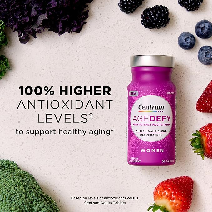 Centrum Age Defy for Women, All-in-1 High Potency Multivitamin + Healthy Aging Supplement, Multivitamin Blend with Resveratrol, and Niacin for NAD+ Level Support, Aluminium Bottle, 56 Tablets