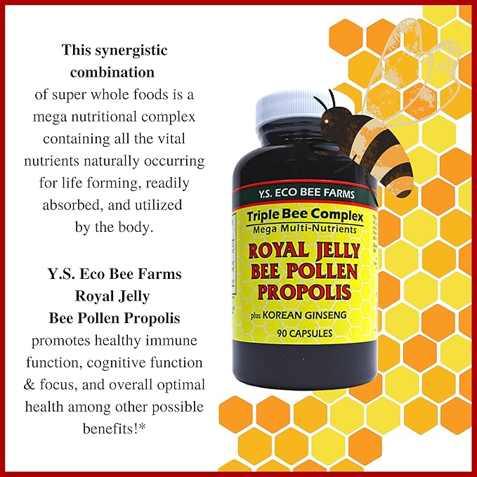 Worldwide Nutrition Y.S. Eco Bee Farms Triple Bee Complex Royal Jelly Bee Pollen Propolis with Korean Ginseng - Health and Wellness Organic Bee Pollen Supplement - 90 Ct w/Multi Purpose Key Chain