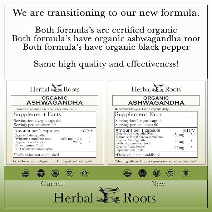 Herbal Roots Ashwagandha Capsules | Extra Strength 1,000mg per Serving | Ayurvedic for Overall Health for Men and Women | 60 Vegan Capsules