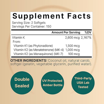 NatureBell Vitamin K Complex, K1 + K2 (MK-7 & MK-4) 2,600mcg Per Serving, 300 Coconut Oil Softgels | Max Absorption – Full Spectrum K Vitamins Supplement | Heart & Bone Support | Non-GMO