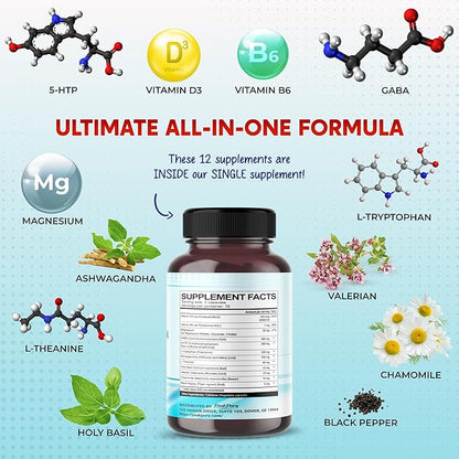 GABA, 5-HTP L-Tryptophan Ashwagandha Chamomile L-Theanine Magnesium - Made in USA