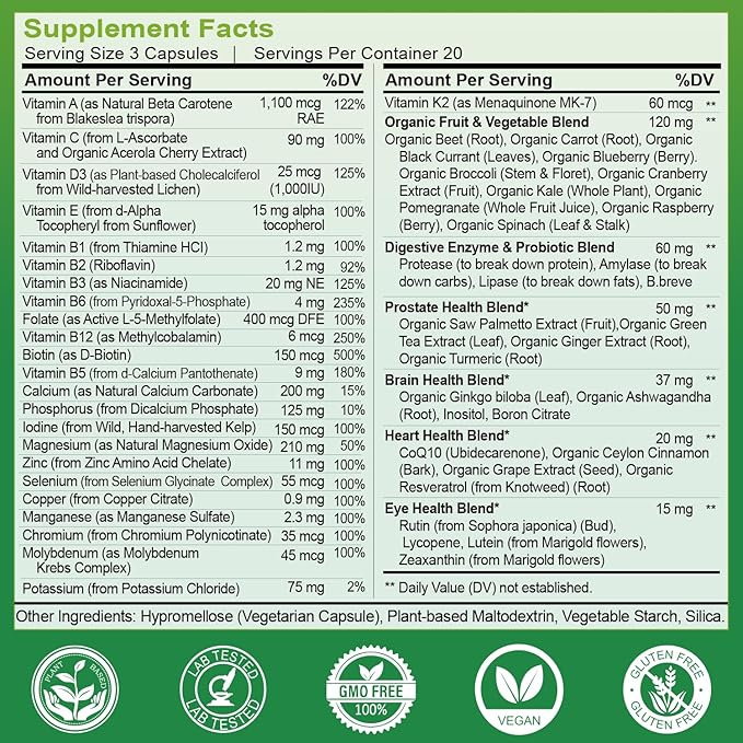 Multivitamins for Men 50 Plus, Whole Food Multivitamin Organic Based Superfoods Supplement for Men 50+ for Brain, Heart and Eye Health, Improve Digestion & Prostate Health, 120 Capsules