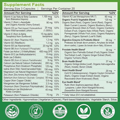 Multivitamins for Men 50 Plus, Whole Food Multivitamin Organic Based Superfoods Supplement for Men 50+ for Brain, Heart and Eye Health, Improve Digestion & Prostate Health, 120 Capsules