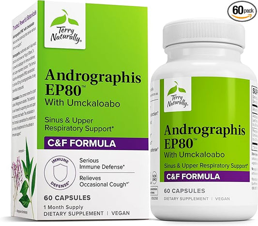 Terry Naturally Andrographis EP80 with Umckaloabo - Dietary Supplement to Support Mucus Relief & Respiratory Health - Vegan Capsules to Aid Immune Health - 60 Capsules (60 Servings)