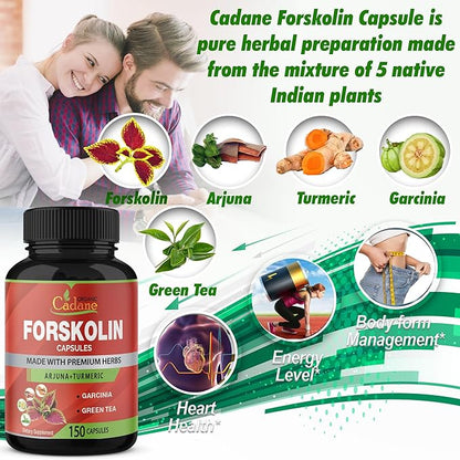 Organic Cadane Forskolin Supplements - 5in1 with Turmeric Curcumin, Arjuna, Garcinia Cambogia, and Green Tea - 5 Month Supply - 150 Capsules