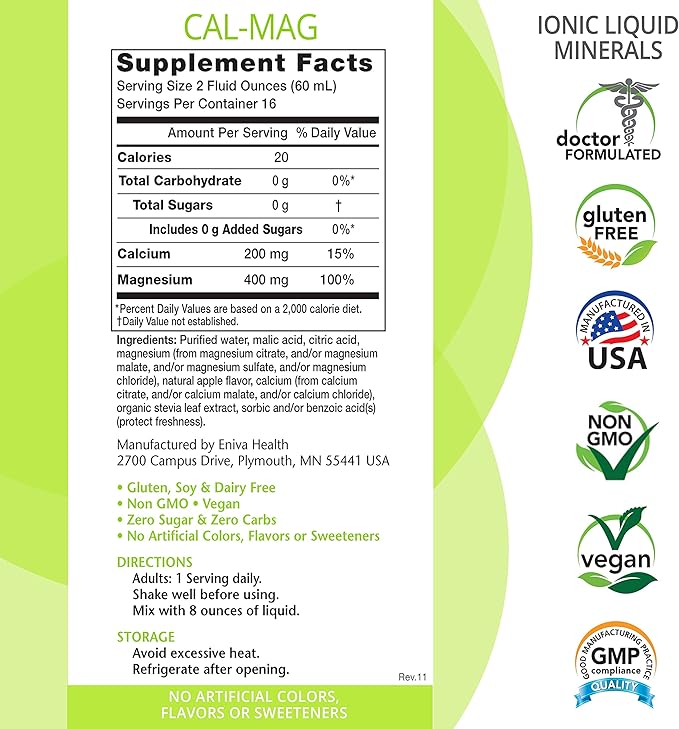 Liquid Ionic Calcium Magnesium Supplement (32oz) Healthy Bones, Hair, Nails and Body. Doctor Formulated. Zero Calories. Zero Sugar. by Eniva Health.