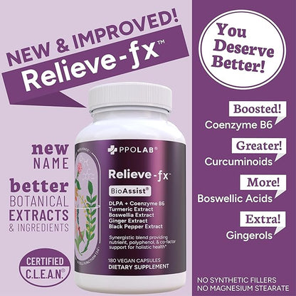 Relieve-fx™ Relief-fx Extra Strength Turmeric Curcumin Supplement with Black Pepper, Boswellia, Ginger, DLPA, Inflammation Health, Joint Support, Mood Relief, Detox Factor, Digestion180 Vegan Capsules