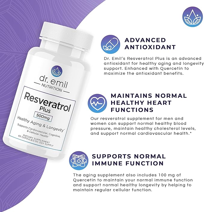 DR. EMIL NUTRITION Resveratrol Supplement - Healthy Aging Supplement with 500mg Resveratrol and 100mg Quercetin - Supports Normal Cellular & Cognitive Health, 60 Capsules