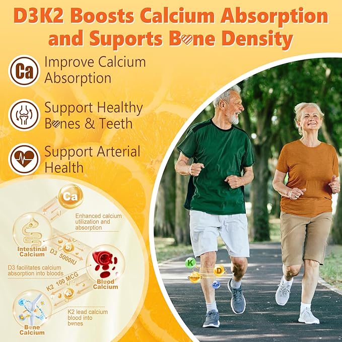Organic Plant D3 5000 IU + K2(MK-7)100 mcg -5X Absorption Than Standard D3K2, 100% Whole Food Derived Omega-3,Methyl B12,Vitamin C, Zinc,and 5 Organic Vegetables,Supports Bone & Teeth Strength, Immune