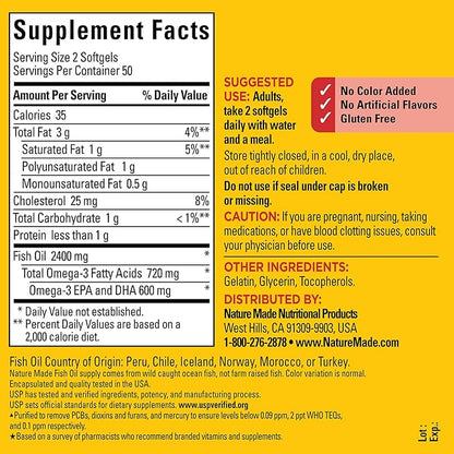Nature Made Fish Oil Omega 3 Supplements, 1200mg Softgels, Omega 3 Fish Oil for Healthy Heart Support, 100 Softgels, 50 Day Supply