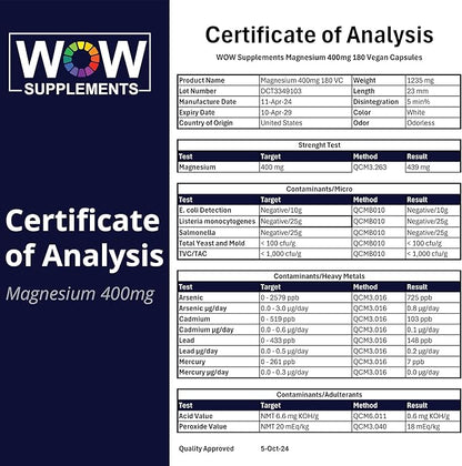 WOW Supplements Magnesium 400 mg Complex - Supplement for Men and Women - Citrate, Aspartate & Magnesium Oxide 400mg - 180 Capsules
