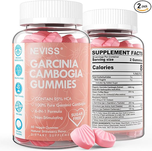 Sugar Free Garcinia Cambogia Gummies 1000mg 95% HCA with L-Carnitine, Raspberry Ketone, Chromium, Green Coffee Bean for Metabolism, Energy Boost, 100% Organic Extract, Vegan, Strawberry Flavor 120 Cts