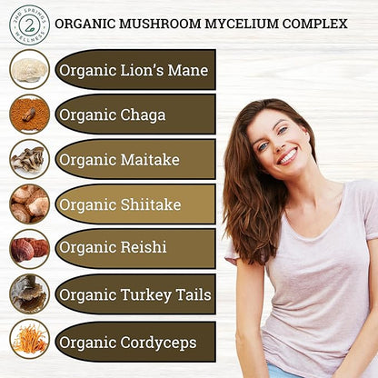 Organic Mushroom Complex - 7 Mushroom Blend Immune Support Nootropic & Cognitive Health Supplement with Organic Lion's Mane, Chaga, Maitake, Shiitake, Reishi, Turkey Tails, Cordyceps Mix