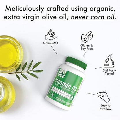 Health Thru Nutrition Vitamin D3 1,000iu 100 Mini Softgels for Maximum Benefit | 25mcg Cholecalciferol | 3rd Party Tested | Non-GMO USP Grade in Organic EVOO | Immune Health Support