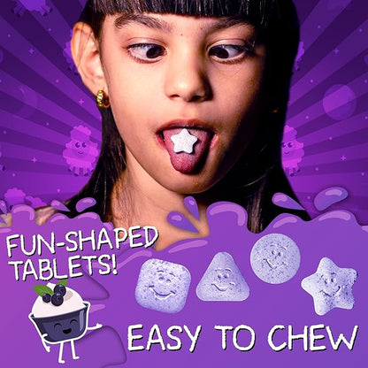 VAL Sugar-Free Calm Magnesium for Kids PM Chewable Tablets | Magnesium Glycinate, Citrate & Taurate | Melatonin & Vitamins B6 & C | Bedtime Support | Non-GMO | Blueberry Yogurt Flavor | 60 Count