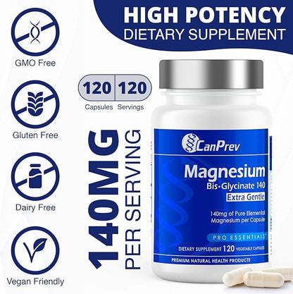 CanPrev Magnesium BisGlycinate Extra Gentle 140mg, 120 v-Caps 120-Day Supply - Pure Elemental Magnesium Supplement, Support Bone & Muscle Function, Gentle on Stomach, Perfect for Daily Magnesium Needs