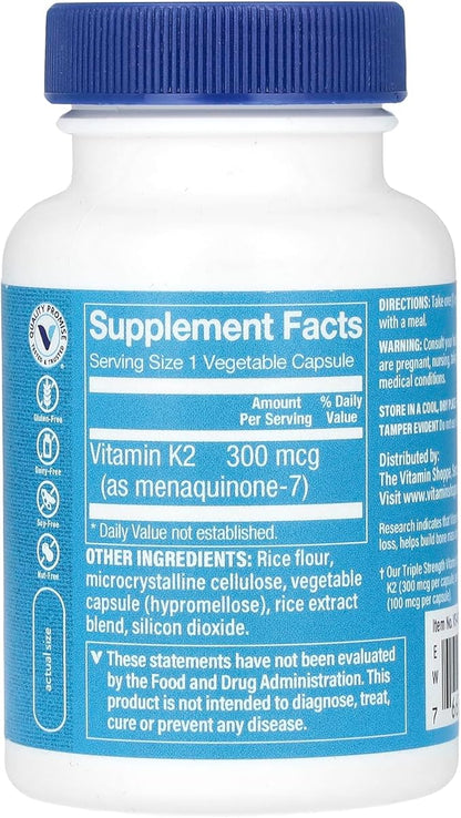Triple Strength Vitamin K2 a" Bone Health a" 300 MCG (120 Vegetable Capsules)