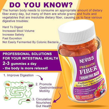 1Pack Fiber Gummies with Probiotics for Adults, 7G Soluble Fi ber + Insoluble Fi ber, Sugar Free with Psyllium Husk, Inulin, Fos, Multivitamins for Daily Digestive Health, Regularity Gut Support