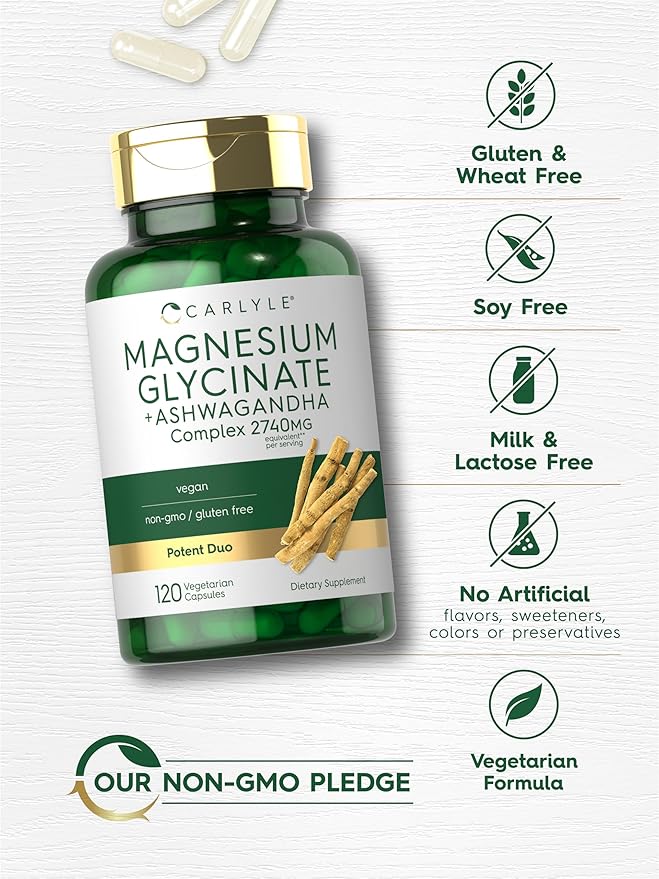 Carlyle Magnesium Glycinate with Ashwagandha | 2,740mg Complex | 120 Vegetarian Capsules | Potent Duo | Non-GMO and Gluten Free Supplement