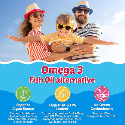 Kids Omega 3 Gummies with Calcium, Vitamin D3 & K2, C, Omega-3 DHA Gummies for Focus and Memory, Bone Health & Immune Support, Kids Omega3 Supplement - No Fish Taste, Non-GMO, Chewable, 2 Pack