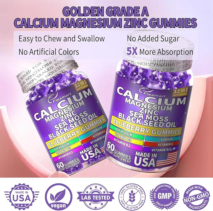 Calcium Magnesium Zinc Supplement Gummies Sugar Free for Women and Men Calcium Gummies Supplement Bone & Immune Support Made in USA 60 Counts Blueberry Flavor