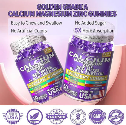 Calcium Magnesium Zinc Supplement Gummies Sugar Free for Women and Men Calcium Gummies Supplement Bone & Immune Support Made in USA 60 Counts Blueberry Flavor